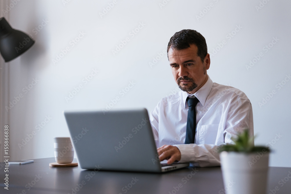 Portrait of happy mid adult executive with laptop at creative office Portrait of happy mid adult executive with laptop at creative office