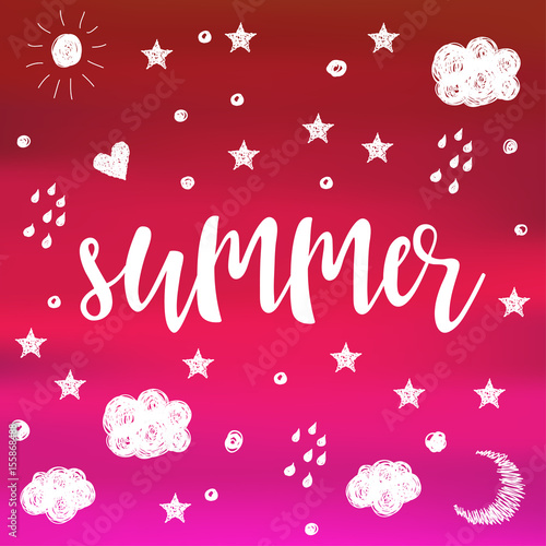 Summer. Handwritten lettering and hand drawn doodle elements