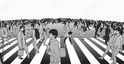 Stylized illustration of busy street crossing with mixed ethnic crowd in high detail