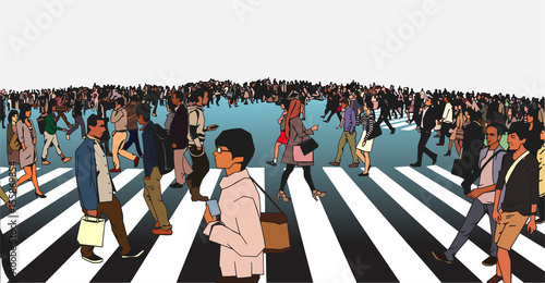 Stylized illustration of busy street crossing with mixed ethnic crowd in high detail