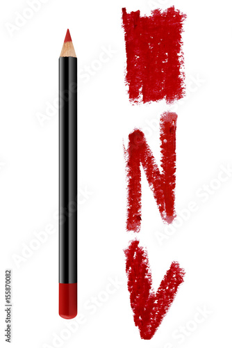 Red lips contour cosmetic pencil with color strokes samples, beauty product isolated on white background photo