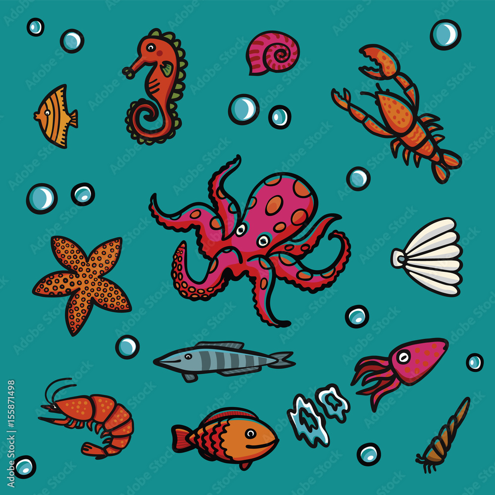 Obraz premium Marine life in cartoon style on a blue background. Lobster, shrimps, snails, sea cabbage etc.