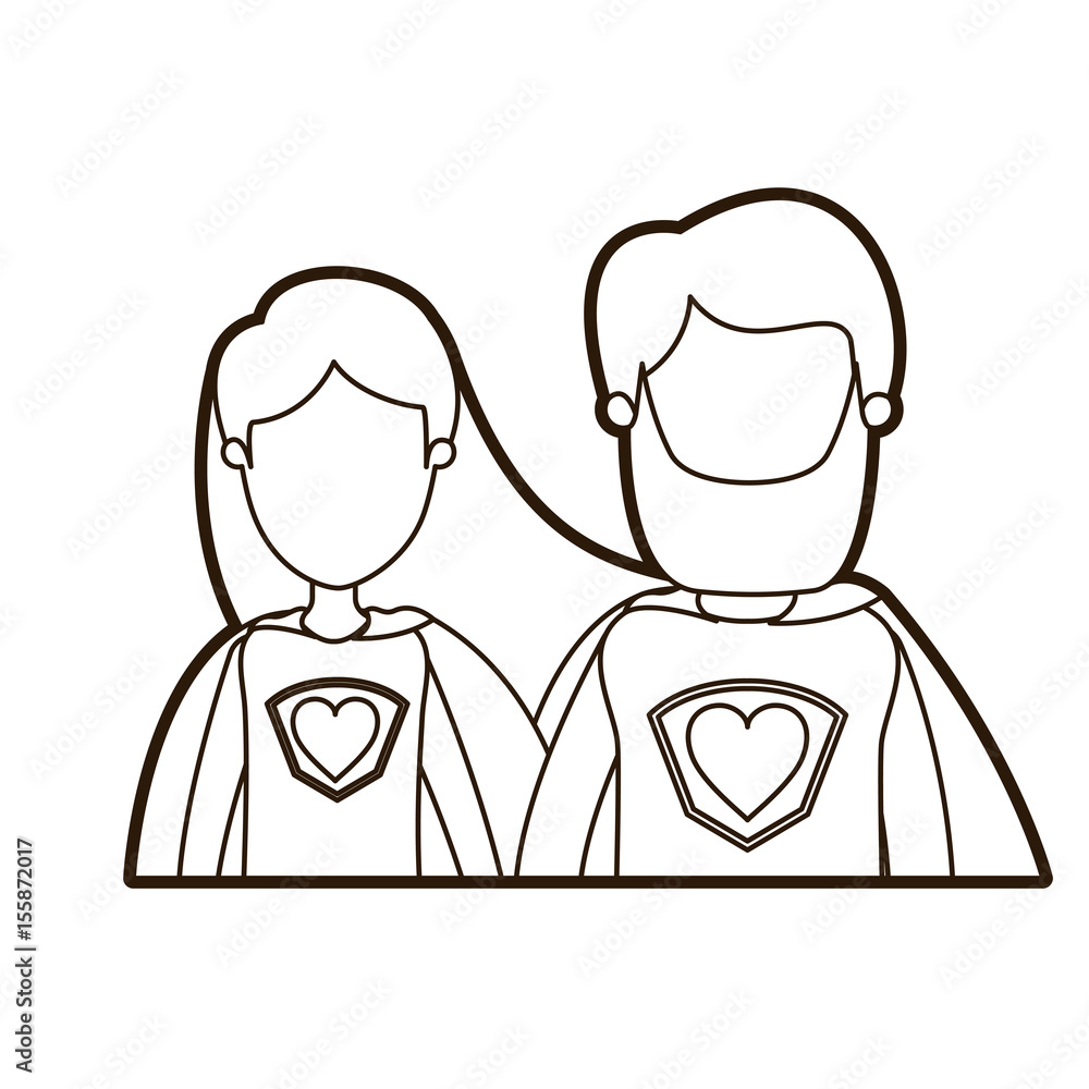 black thick contour caricature faceless half body couple female and male super hero with heart symbol in uniform vector illustration black thick contour caricature faceless half body couple female and male super hero with heart symbol in uniform vector illustration