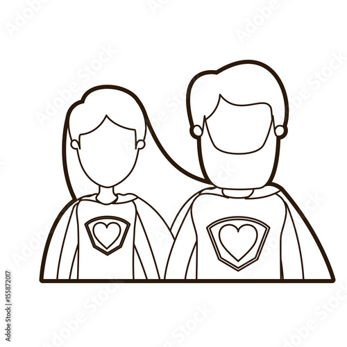 black thick contour caricature faceless half body couple female and male super hero with heart symbol in uniform vector illustration © grgroup