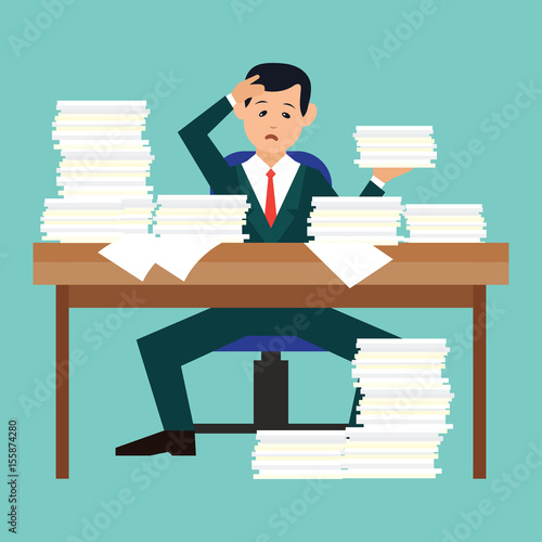 busy businessman stressed due to excessive work with full of paperwork in office, cartoon concept. vector illustration