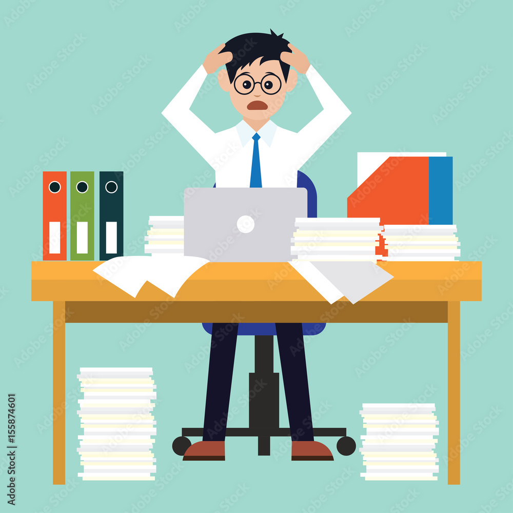 busy businessman stressed due to excessive work with full of paperwork in office, cartoon concept. vector illustration busy businessman stressed due to excessive work with full of paperwork in office, cartoon concept. vector illustration