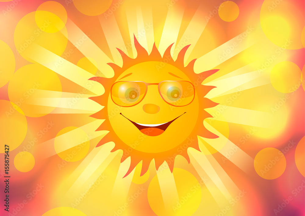 Vector illustration. Smiling sun with rays in sunglasses on yellow pink abstract background Vector illustration. Smiling sun with rays in sunglasses on yellow pink abstract background
