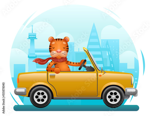 Cute tiger riding on car flat design cartoon character city background vector illustration