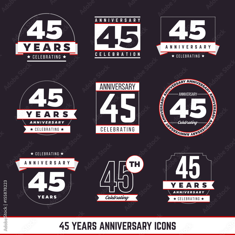 45 years anniversary emblems collection. Vector illustration.