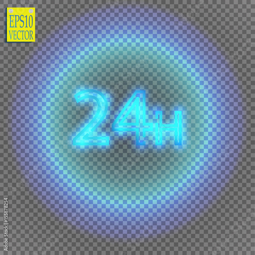 twenty four seven concept / open all days.Illustration of Vector Neon Sign. Open 24 Hours Glowing Neon Frame  on transparent background. 24/7