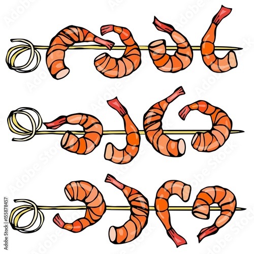 Shrimp on Wood Stick, Prawn Kebab, Seafood BBQ, Canapes. Isolated On a White Background Doodle Cartoon Vintage Hand Drawn Sketch