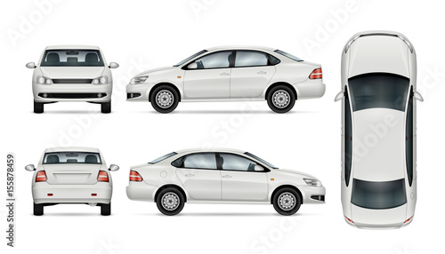 White car template for car branding and advertising. Isolated sedan on white background. All layers and groups well organized for easy editing and recolor. View from side, front, back, top.