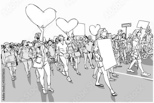 Illustration crowd march for human rights with blank signs