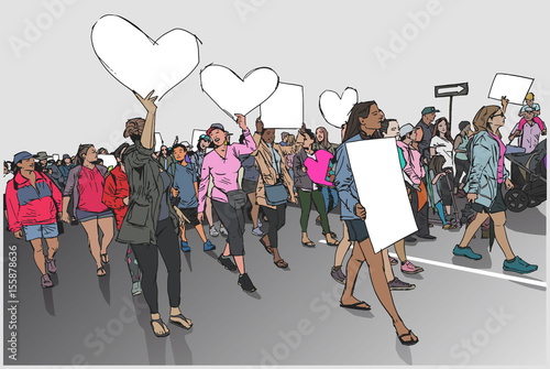 Illustration crowd march for human rights with blank signs