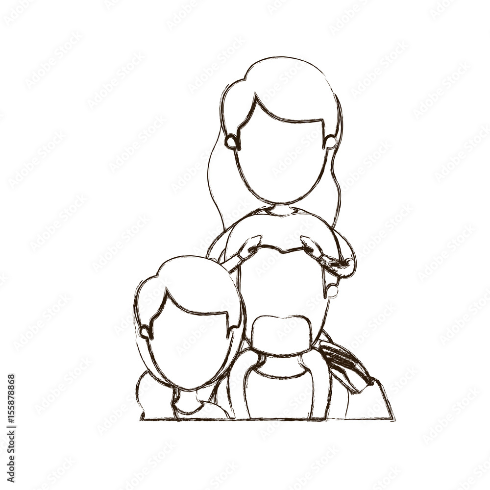 blurred thin contour caricature faceless half body family with mother and father with moustache and girl on his back vector illustration