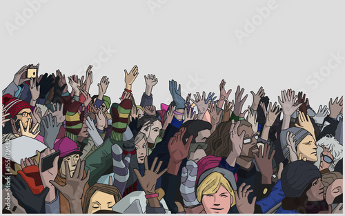 Illustration of demonstrating crowd with raised hands in color