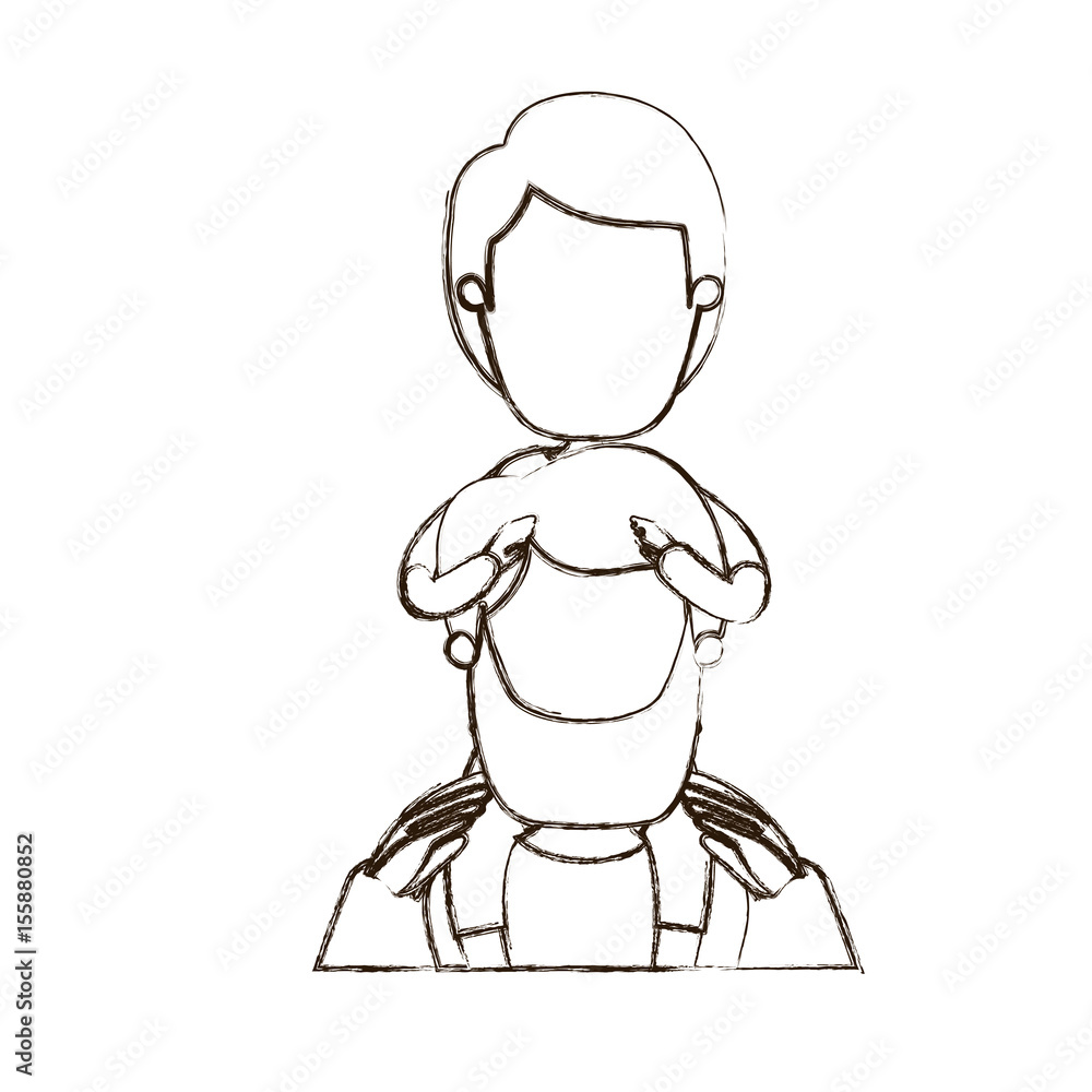 blurred thin contour caricature faceless front view half body bearded father with boy on his back vector illustration