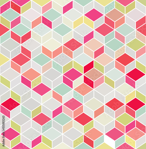 Abstract geometric background with repeating colorful hexagonal structure and bright elements. Vector seamless pattern.