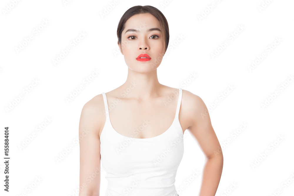 Young Asian woman with smiley face isolated on white. Young Asian woman with smiley face isolated on white.