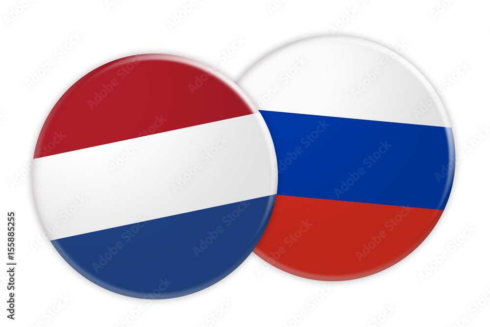 News Concept: Netherlands Flag Button On Russia Flag Button, 3d illustration on white background News Concept: Netherlands Flag Button On Russia Flag Button, 3d illustration on white background