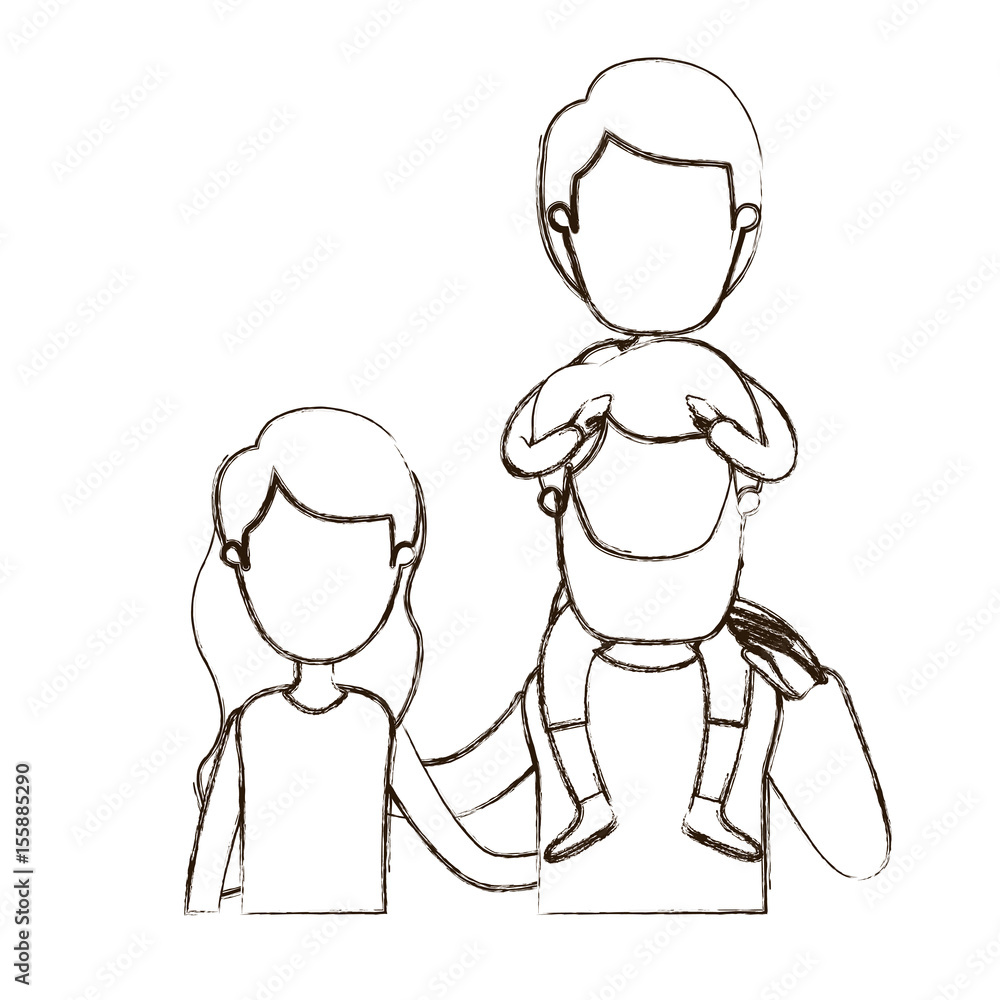 blurred thin contour caricature faceless front view half body family with wavy long hair woman and bearded man with boy on his back vector illustration