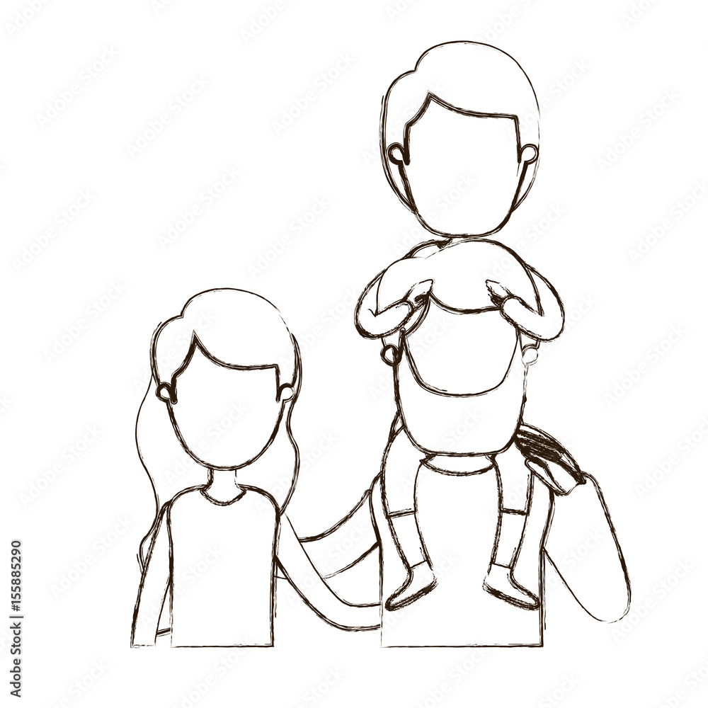 blurred thin contour caricature faceless front view half body family with wavy long hair woman and bearded man with boy on his back vector illustration blurred thin contour caricature faceless front view half body family with wavy long hair woman and bearded man with boy on his back vector illustration