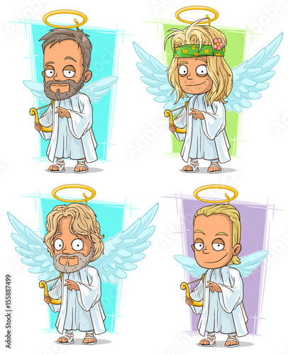 Cartoon angels with golden nimbus and harp character vector set