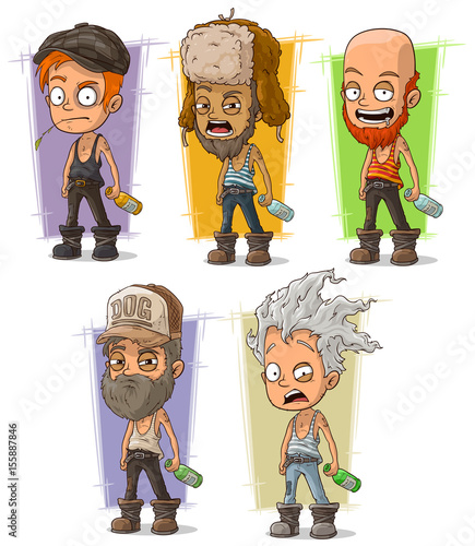 Cartoon hooligans and alcoholic with bottles character vector set