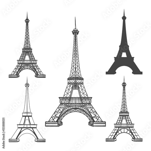 Eiffel tower icons isolated on white background. French Paris towers black silhouettes vector illustration