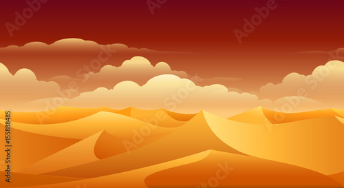 Sahara sand dunes panorama. Desert safari orange empty enviroment vector background