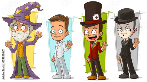 Cartoon magician wizard and mime character vector set