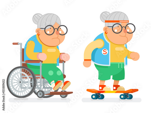 Granny Wheelchair Sports Healthy Active Lifestyle Age Skating Old Lady Character Cartoon Flat Design Vector illustration