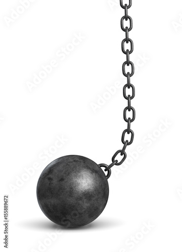 3d rendering of a black iron wrecking ball lying on the floor still attached to a chain.