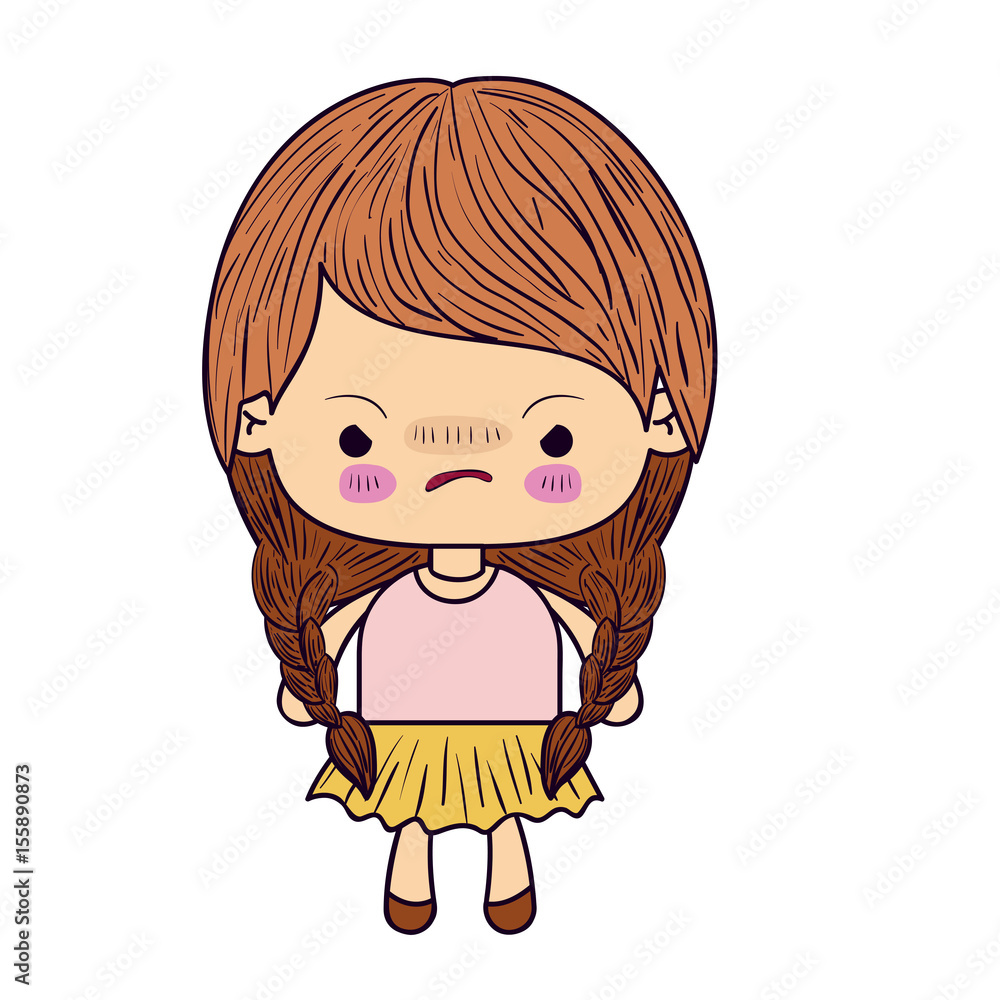 colorful silhouette of kawaii little girl with braided hair and facial expression angry vector illustration