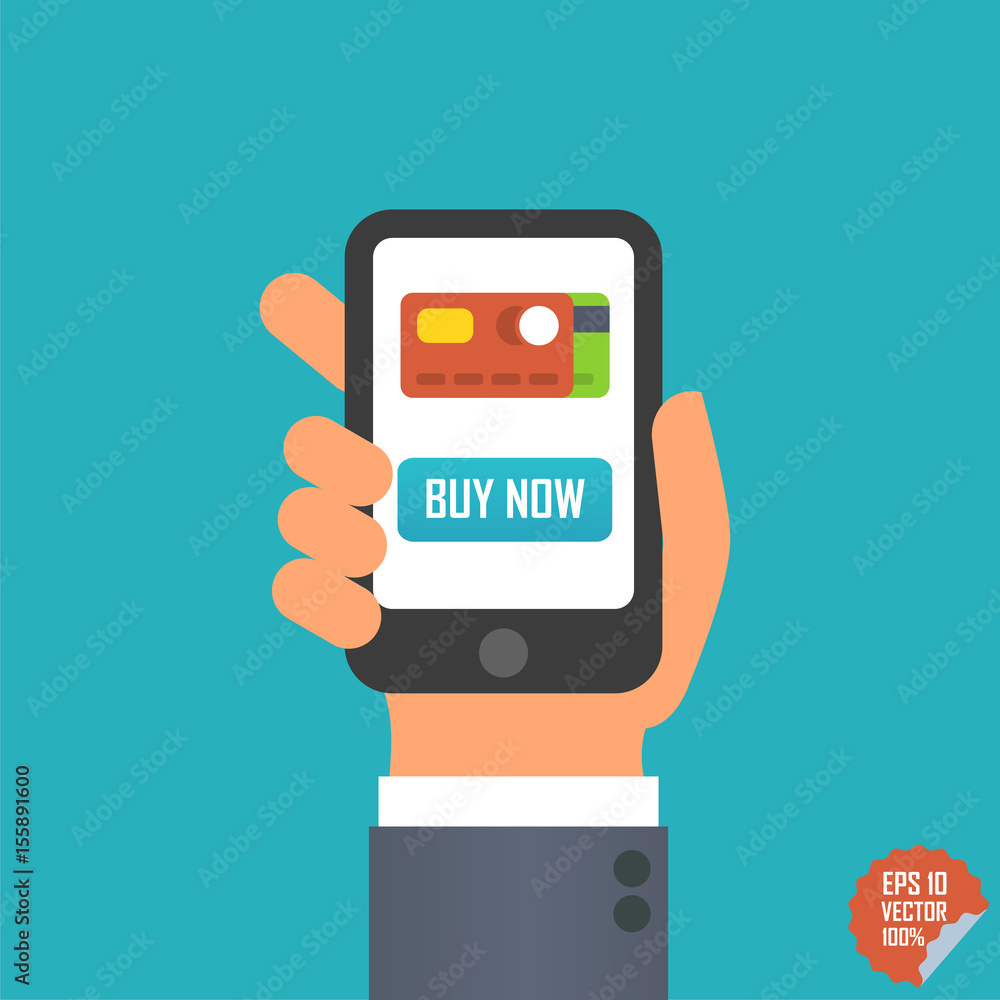Smartphone with buy now button and credit card icon in hand for website or mobile application. Smartphone with buy now button and credit card icon in hand for website or mobile application.
