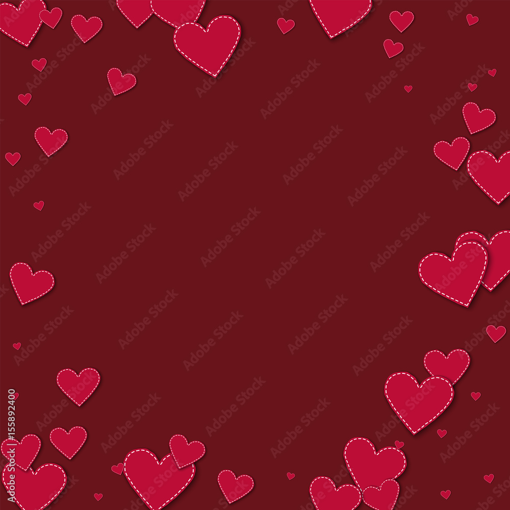 Red stitched paper hearts. Bordered frame on wine red background. Vector illustration.