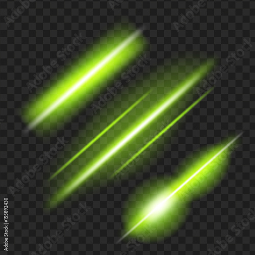 Set of Green glowing light effect. Isolated on black transparent background. Vector illustration, eps 10.