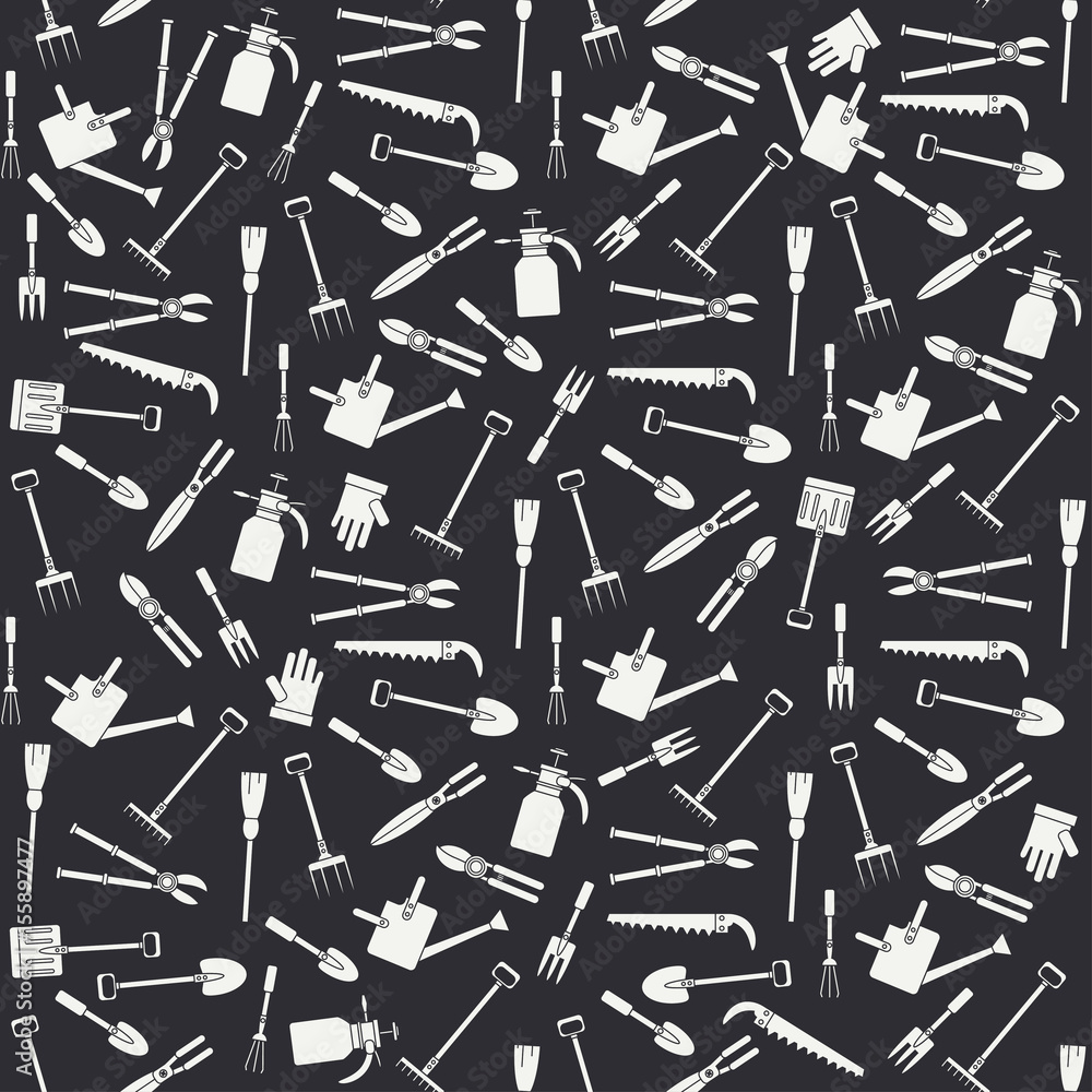 Seamless flat pattern with garden tools icons. Vector illustration. Elements for design. Garden hand work tools collection. Graphic texture for design and wallpaper. Silhouette garden tools pattern. Seamless flat pattern with garden tools icons. Vector illustration. Elements for design. Garden hand work tools collection. Graphic texture for design and wallpaper. Silhouette garden tools pattern.