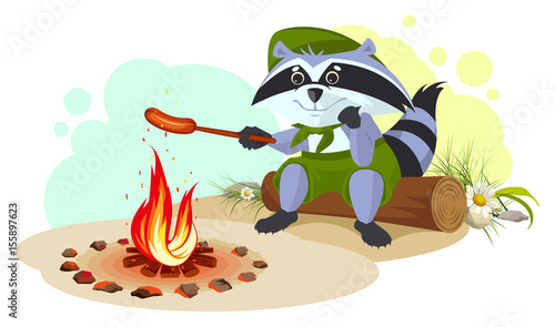 Raccoon scout fry sausages on fire