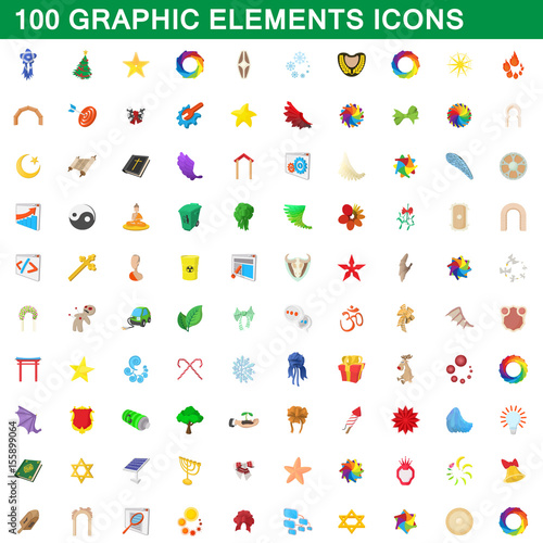 100 graphic elements icons set  cartoon style