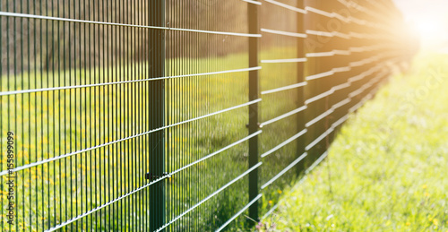 Fotobehang Metal fence leaving in perspective with the sun