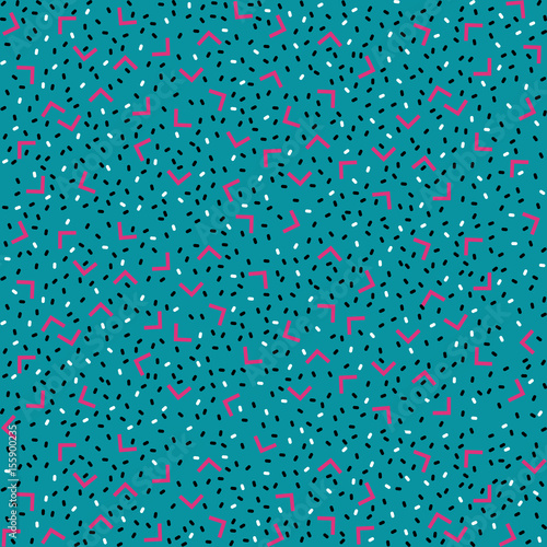 Abstract pattern background with pink angles and black points on blue background.