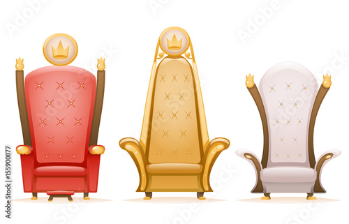 Royal throne king ruler fairytale armchair cartoon 3d isolated icons set vector illustration