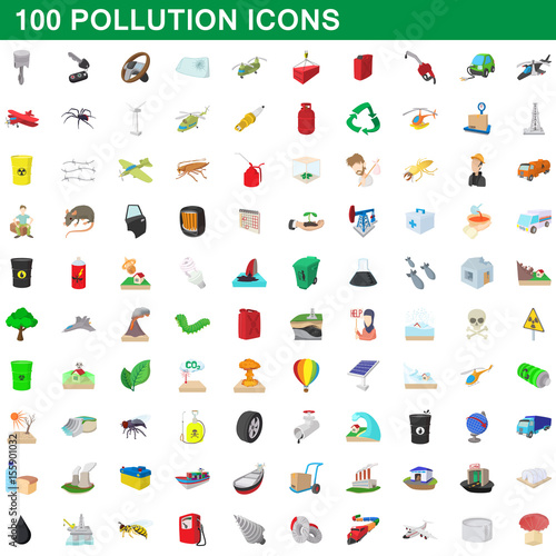 100 pollution icons set, cartoon style