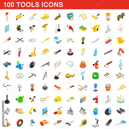 100 tools icons set  isometric 3d style