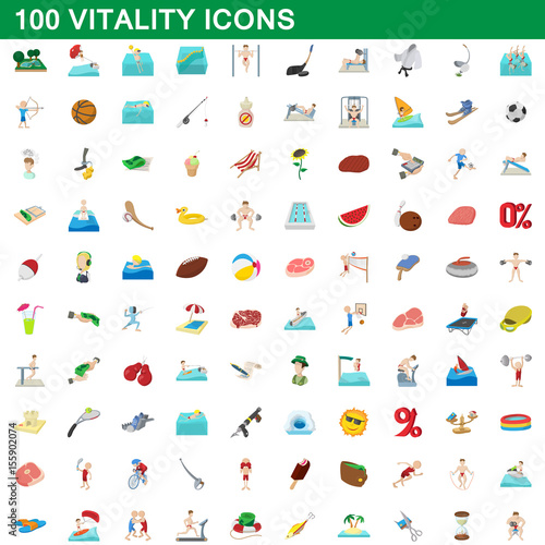 100 vitality icons set, cartoon style