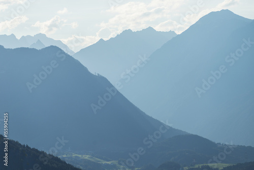 The blue mountains in the fog. Biburger see Kühtai, Taxegg