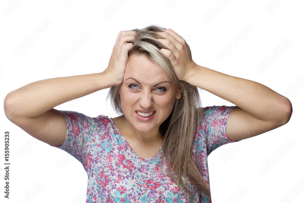 frustrated and angry woman is pulling her hair frustrated and angry woman is pulling her hair