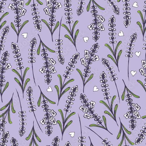 Hand drawn seamless pattern with lavender. Vector illustration
