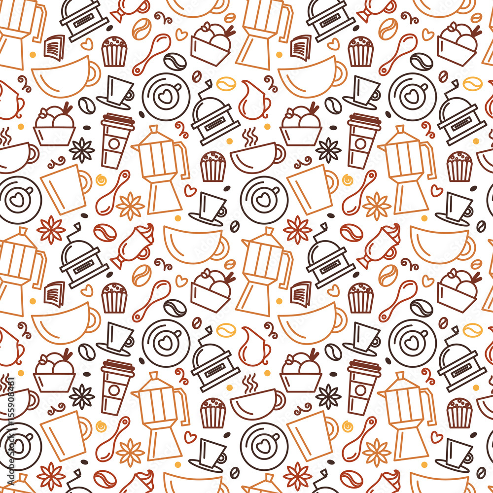 Seamless pattern for coffee theme. Line art draw icons.Vector illustration